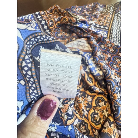 Daniel Rainn Top Women Small Blue Orange Floral Popover Pleated Patchwork Retro - Picture 7 of 9